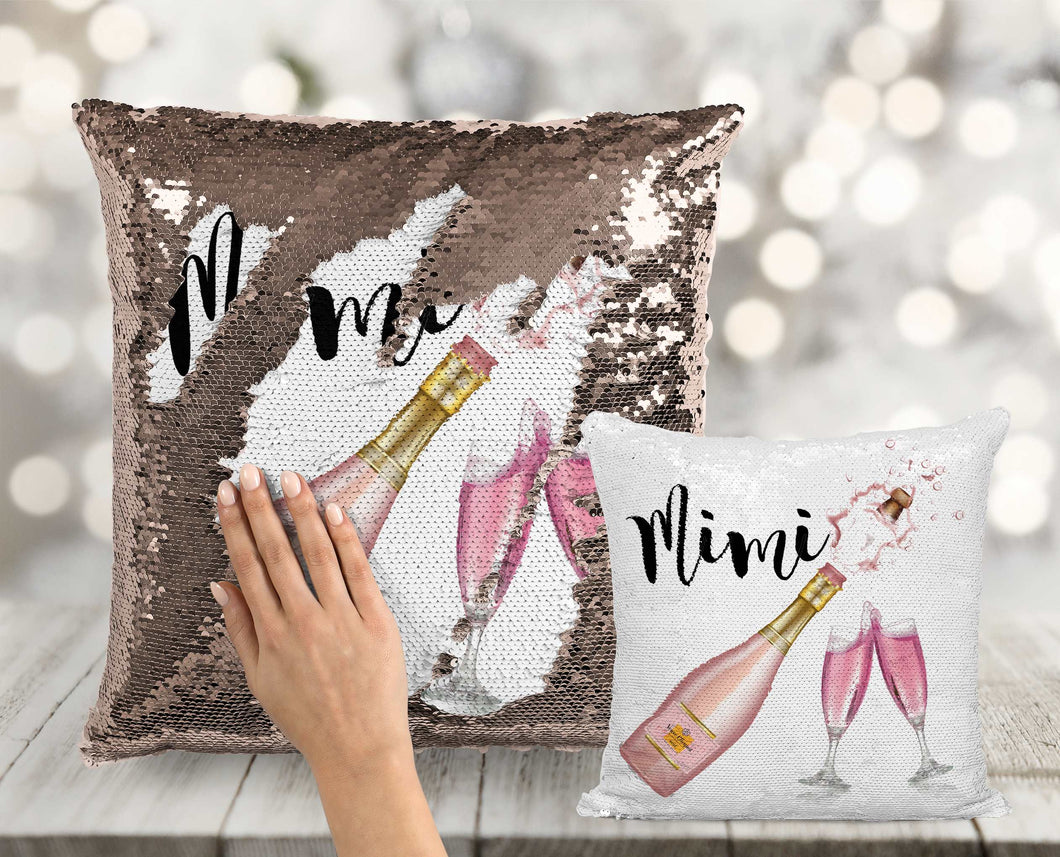 Champagne Bottle and Glasses Custom Sequin Pillow - INCLUDES INSERT CUSHION - Personalized Wedding Mermaid Pillow