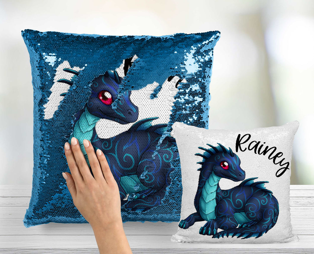 Blue Dragon Custom Sequin Pillow INCLUDES INSERT CUSHION - Personalized Mermaid Pillow