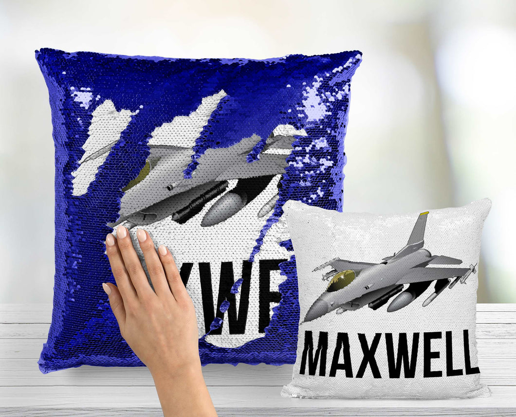Fighter Jet Custom Sequin Pillow - INCLUDES CUSHION INSERT - Military Fighting Jet Airplane Personalized Mermaid Pillow