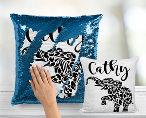 Floral Print Elephant Custom Sequin Pillow INCLUDES INSERT CUSHION - Personalized Mermaid Pillow