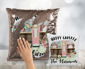 Pink Happy Camper Custom Sequin Pillow - Personalized Camper RV Glam Sequin Flip Mermaid Throw Cushion