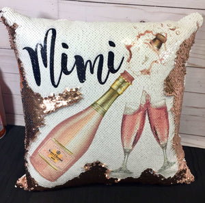 Champagne Bottle and Glasses Custom Sequin Pillow - INCLUDES INSERT CUSHION - Personalized Wedding Mermaid Pillow