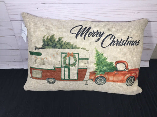 Christmas Truck & Camper 12x18 or 12x20 Burlap or White Canvas Pillow