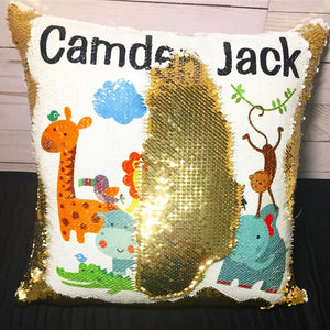 Baby Safari Animals Personalized Sequin Pillow INCLUDES CUSHION INSERT - Custom Two Tone Flip Sequence Mermaid Pillow