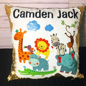 Baby Safari Animals Personalized Sequin Pillow INCLUDES CUSHION INSERT - Custom Two Tone Flip Sequence Mermaid Pillow