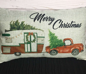 Christmas Truck & Camper 12x18 or 12x20 Burlap or White Canvas Pillow