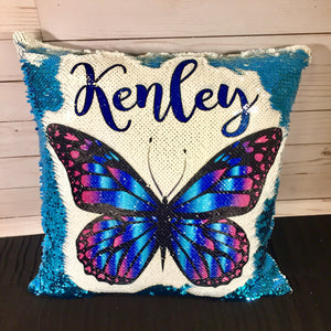 Teal and Purple Butterfly Sequin Pillow - INCLUDES CUSHION INSERT - Personalized Magenta Blue Butterfly Custom Mermaid Pillow