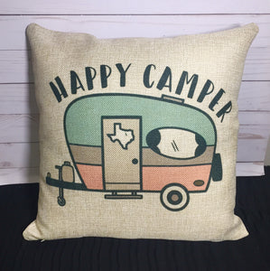 Happy Camper Burlap or Canvas Pillow