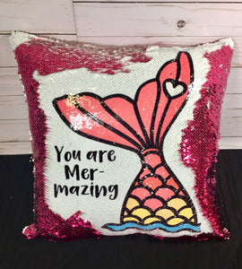 You Are Mer-Mazing Custom Sequin Pillow INCLUDES CUSHION INSERT Mermazing Pink Tail Mermaid Pillow