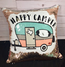 Happy Camper Custom Sequin Pillow - INCLUDES INSERT - Personalized Camper RV Glam Sequin Flip Mermaid Throw Cushion