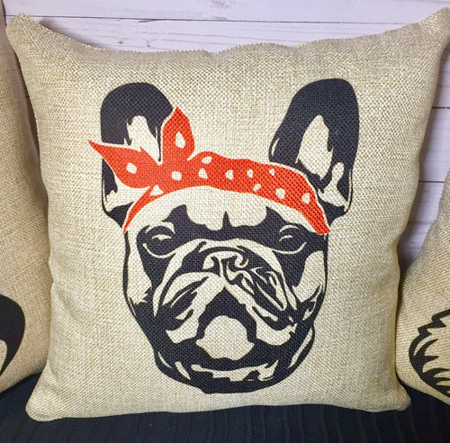 Frenchie Bandana Burlap or White Canvas Pillow