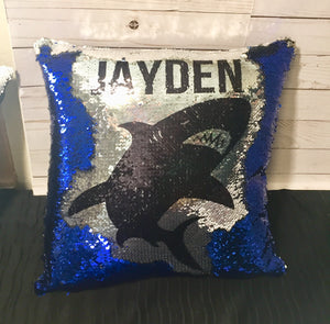 Shark Silhouette Personalized Sequin Pillow - INCLUDES CUSHION INSERT- Custom Mermaid Pillow
