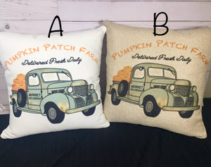 Pumpkin Patch Vintage Truck Burlap or White Canvas Pillow