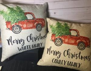 Vintage Truck Christmas 18” Burlap Pillow