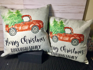 Merry Christmas Vintage Truck Trees Christmas Pillow Cover