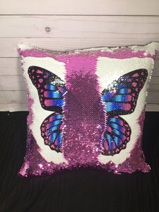 Teal and Purple Butterfly Sequin Pillow - INCLUDES CUSHION INSERT - Personalized Magenta Blue Butterfly Custom Mermaid Pillow