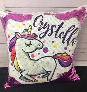Unicorn Polka Dots Custom Sequin Pillow - INCLUDES CUSHION INSERT Personalized Hot Pink Purple Mermaid Pillow