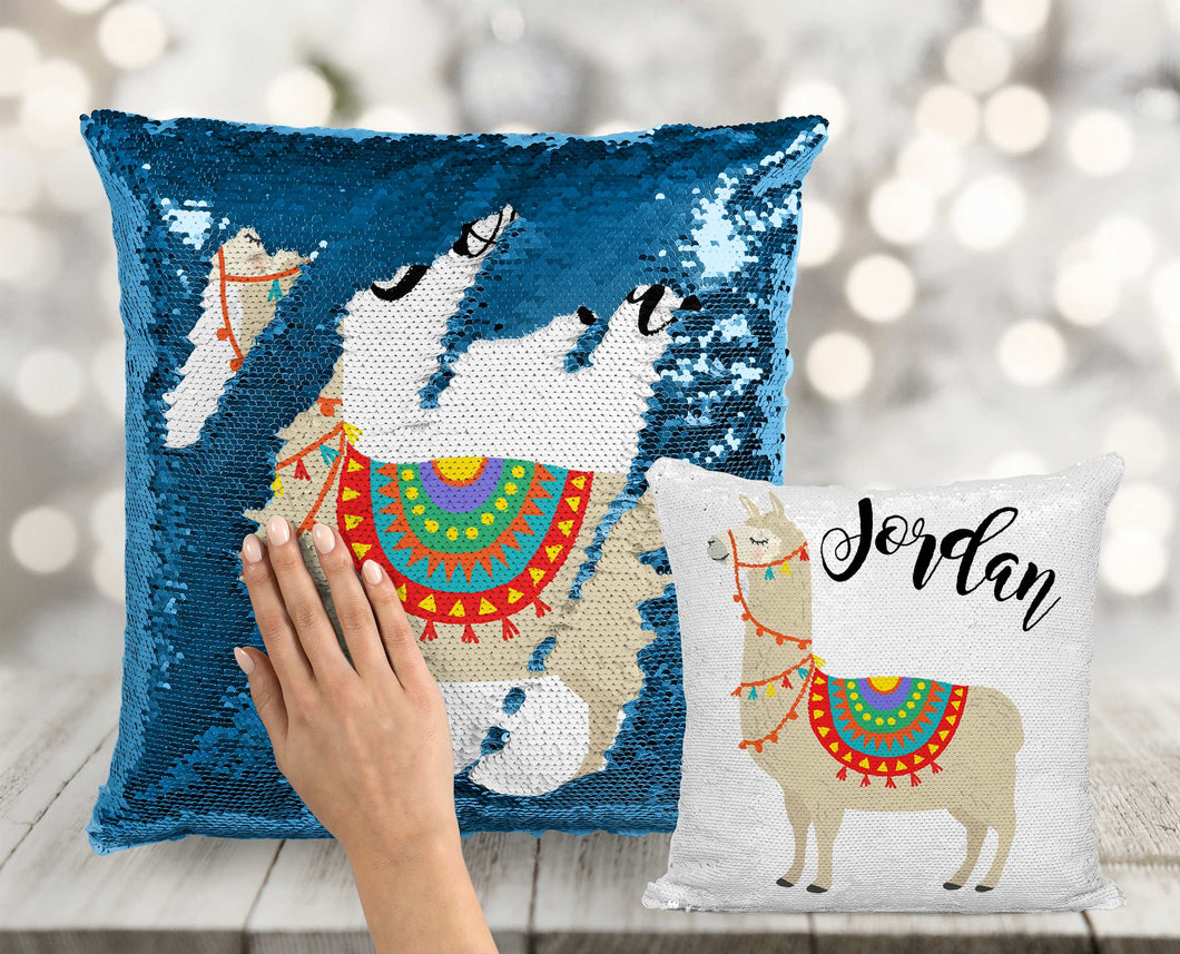 Boho Llama Custom Sequin Pillow INCLUDES INSERT CUSHION - Personalized Llama Mermaid Pillow