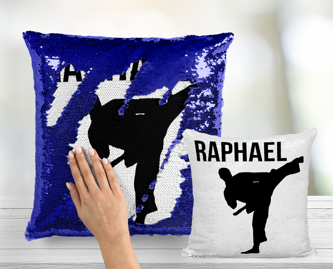 Martial Arts / Karate Custom Sequin Pillow INCLUDES INSERT CUSHION - Personalized Kick Boxing Mermaid Pillow