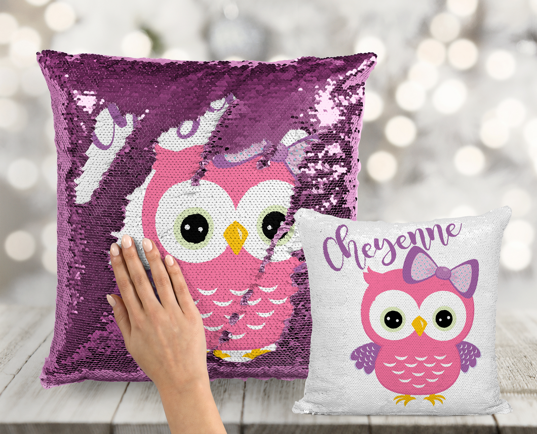 Pink Owl with Bow Custom Sequin Pillow INCLUDES INSERT CUSHION - Personalized Girls Owl Mermaid Pillow