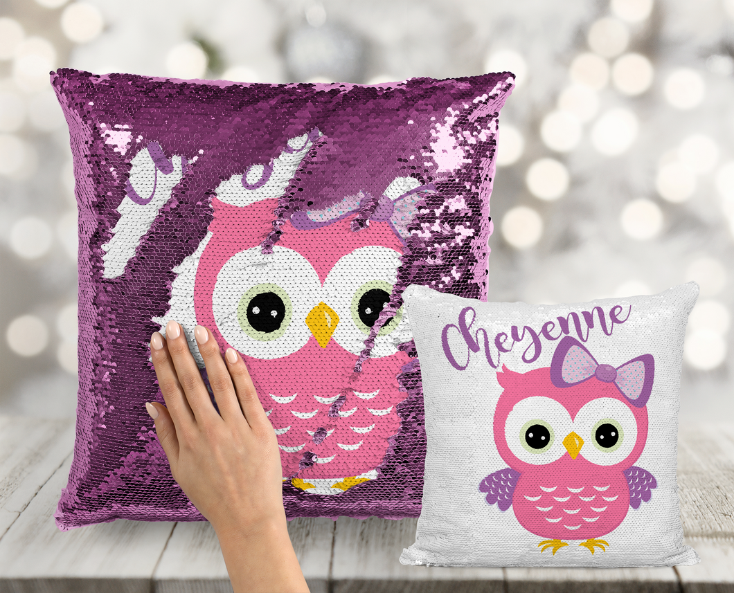 Pink Owl with Bow Custom Sequin Pillow INCLUDES INSERT CUSHION