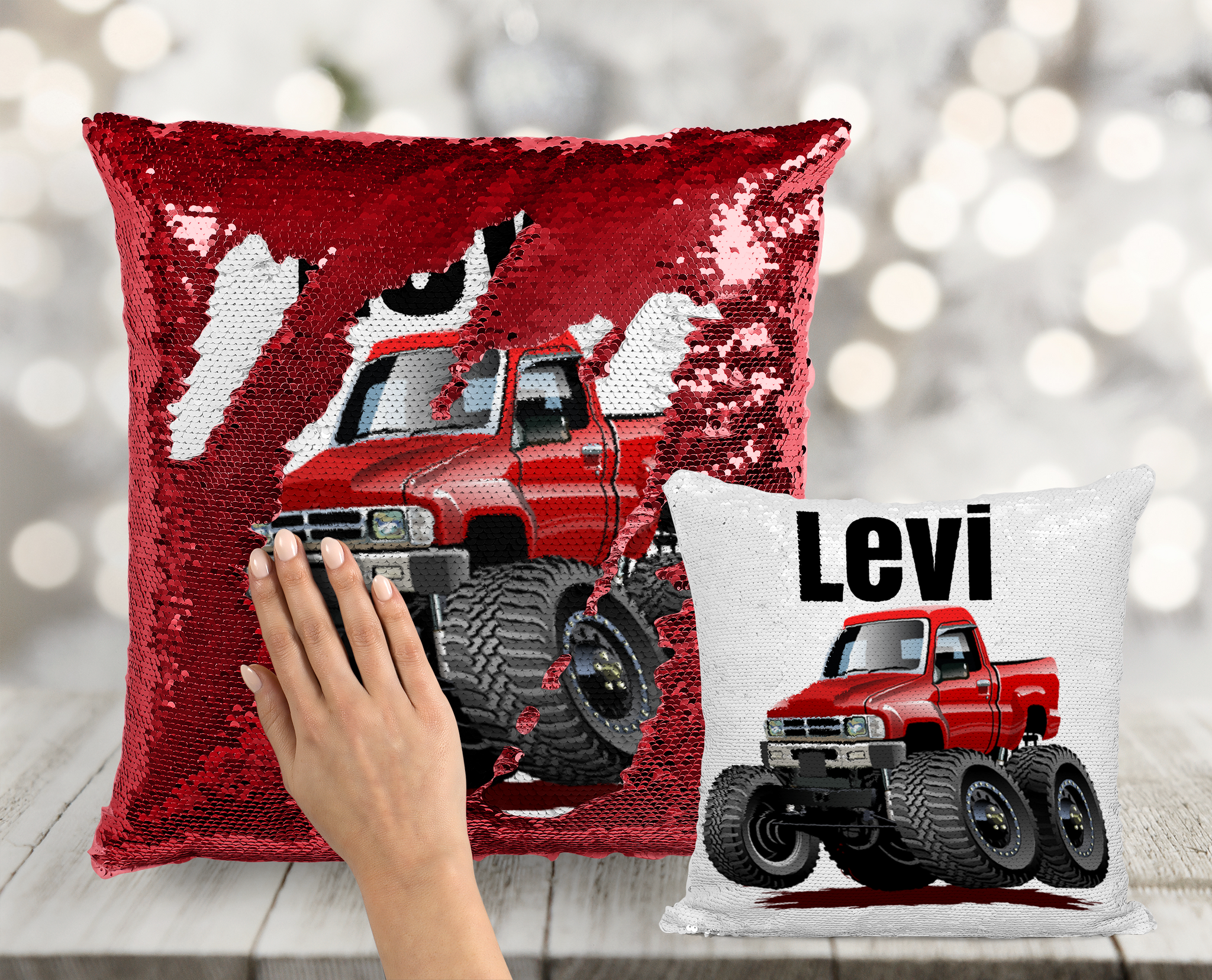 Red Monster Truck Sequin Pillow - Personalized Mermaid Pillow