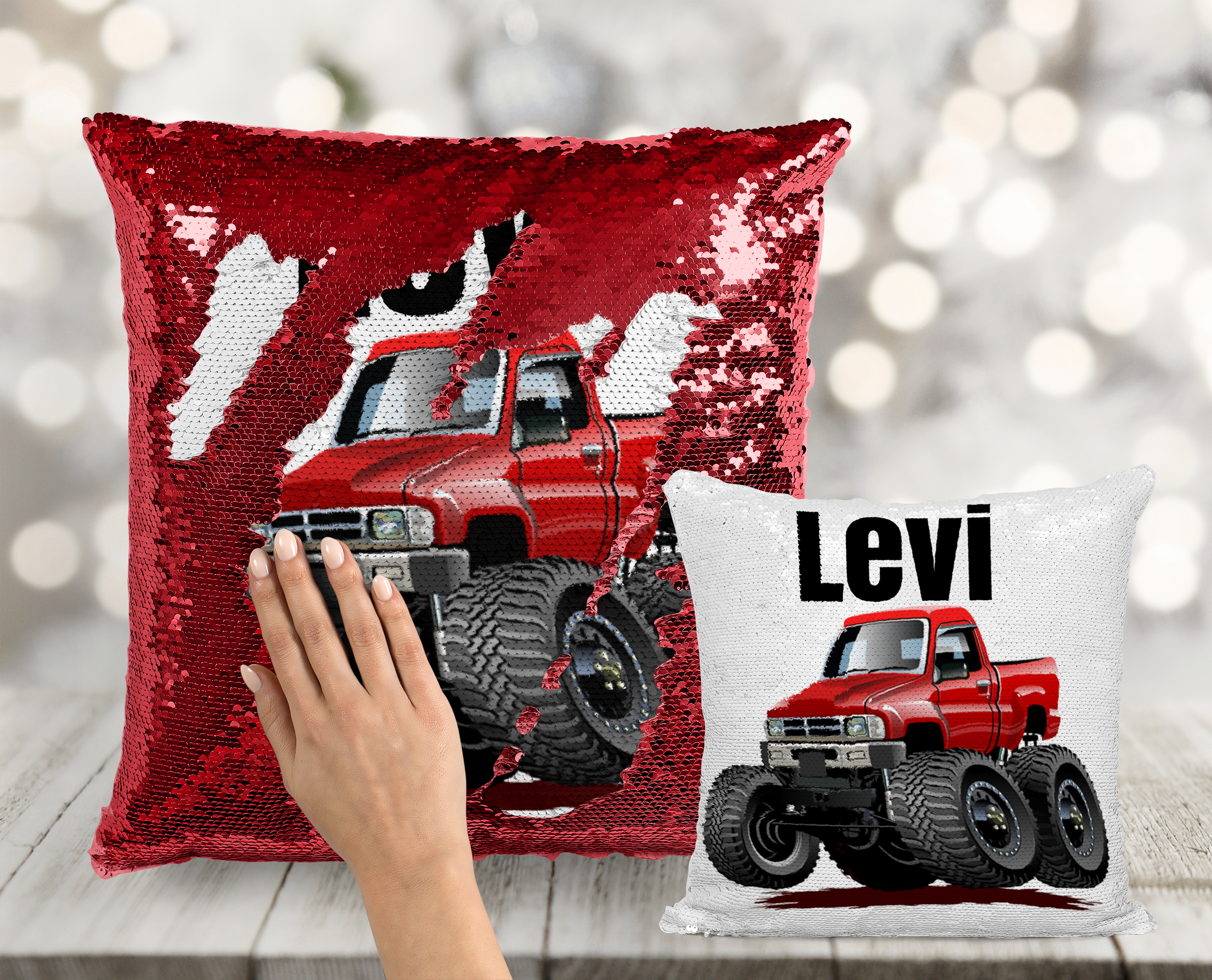 Red Monster Truck Sequin Pillow Personalized Mermaid Pillow