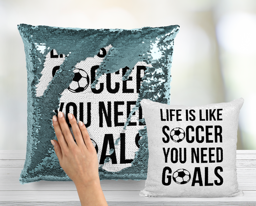 Life is Like Soccer Sequin Pillow - INCLUDES INSERT Personalized Mermaid Cushion