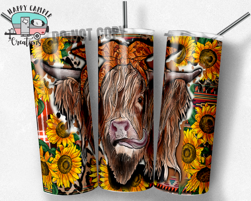 Sunflower Highland Cow Skinny Tumbler - Double Wall Steel Cup -Southern Souvenir Cup